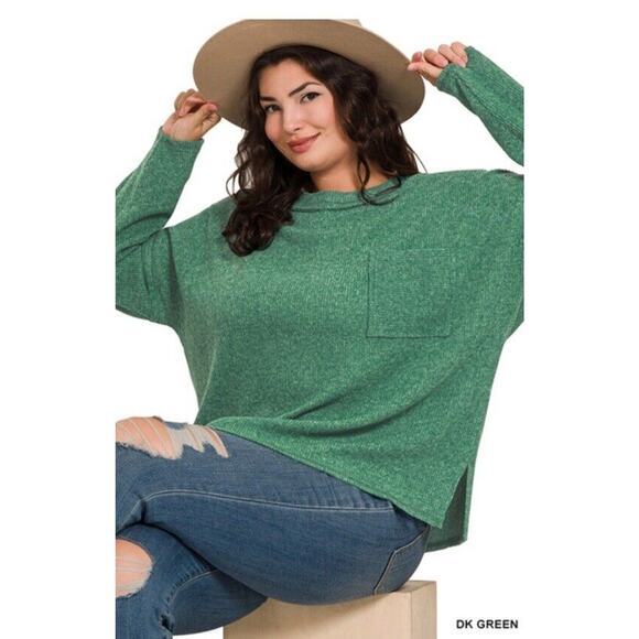 Zenana Green Ribbed Brushed Hacci Sweater Plus Size 2X Soft Knit Pullover Top - Picture 1 of 3